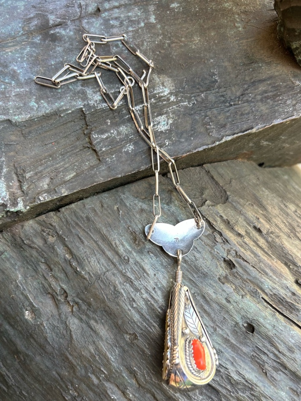 Artisan Juan Pedro Garcia sterling silver swiveling coral turquoise MOP Necklace - Picture 13 of 16